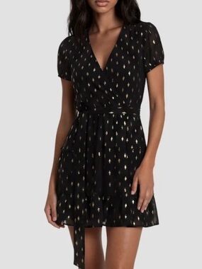 Short Black Wrap Dress with Gold Dot Accent